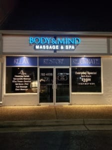 Mounted (and lighted) signage for a massage and spa studio